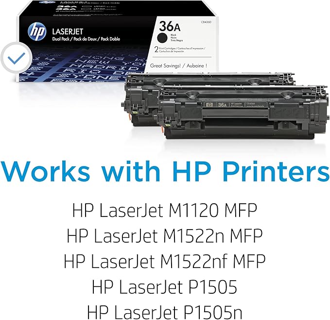 HP Original 36A Black Toner Cartridges (2-Pack) | Works LaserJet M1120 MFP Series, LaserJet M1522 MFP Series, LaserJet P1505 Series | CB436D