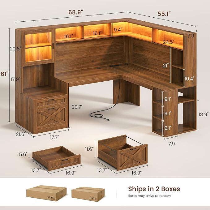 SEDETA Farmhouse L Shaped Office Desk with Double Hutch, Storage Shelves | Computer Desk with Storage Shelves and Power Outlet, Corner Gaming Desk with LED Light and Display Cabinet for Home Office