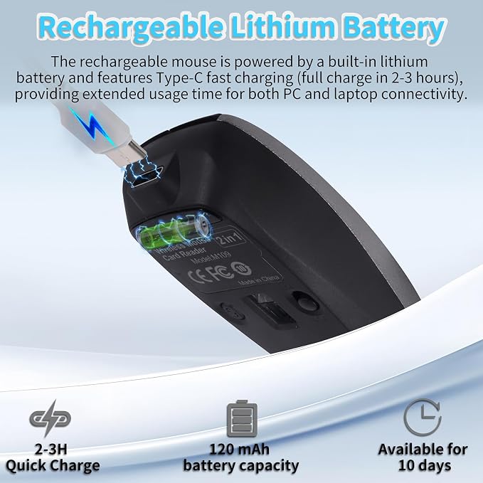 Mini Bluetooth Wireless Mouse with TF Card Reader, Rechargeable, Silent Click, Portable for Laptop, PC, Travel, Office & Home Use (Grey)
