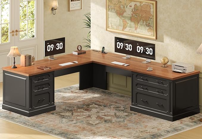 SEDETA Farmhouse 78.8" L Shaped Desk with 6 Drawers, Home Office Desk with Power Outlet, File Cabinet Storage, Wood Corner Computer Desk for Work and Study, Black+Brown