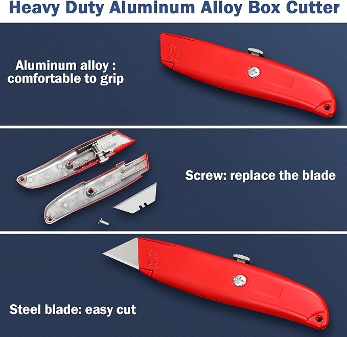Lasnten 12 Pcs Box Cutter Bulk Retractable Utility Knife Heavy Duty Aluminum Alloy Carpet Knife Package Opener Cutter Blade for Cardboard Plastics Cartons DIY Home Warehouse Office(Red)