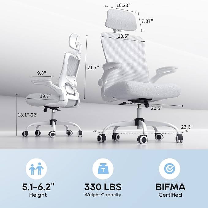Ergonomic Office Chair for Long Hours, Adjustable Padded Lumbar Support for Lower Back Relief, 330 lb Capacity, Comfortable Computer Desk Chair for Home Office, Work & Study
