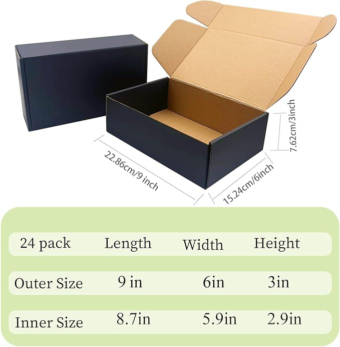 24 Pack 9x6x3 inch Black Shipping Boxes ，Cardboard Packaging Boxes for Mailing Shipping Corrugated Cardboard Boxes for Packaging Small Business Craft Flat Shipping Boxes Empty Gifts Giving Products