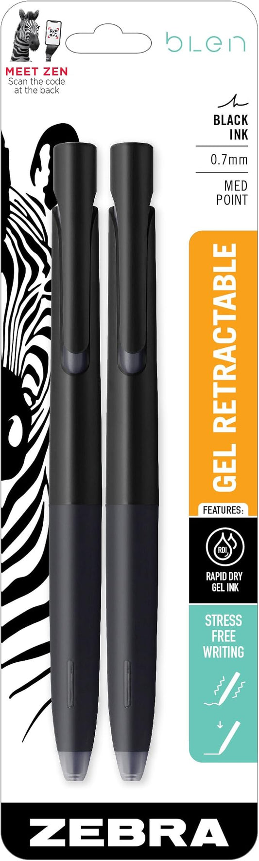 Zebra Pen, bLen Retractable Gel Pens, Medium Point 0.7mm, Black Ink, Black Barrel, Rapid Dry Gel Ink, Low Vibration for More Stable, Easier to Control Writing, Refillable, 2-Pack (41412)