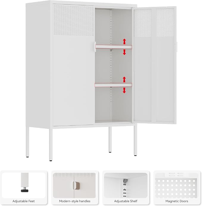 Metal Storage Cabinet,2 Door TV Stand, Metal Mesh Accent Cabinet | Magnetic Door Closure,Low Storage Cabinets with Doors and Shelf for Home,Office,Living Room
