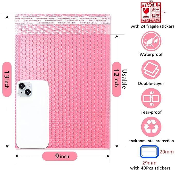 Bubble Mailers 8.5x12'' 30 Pack and 40PCS Label Stickers Pink Thick Waterproof Padded Poly Envelopes Bubble Wrap Mailers Self Seal Shipping Bags for Mailing Small Business Homes Envelope Mailers #2