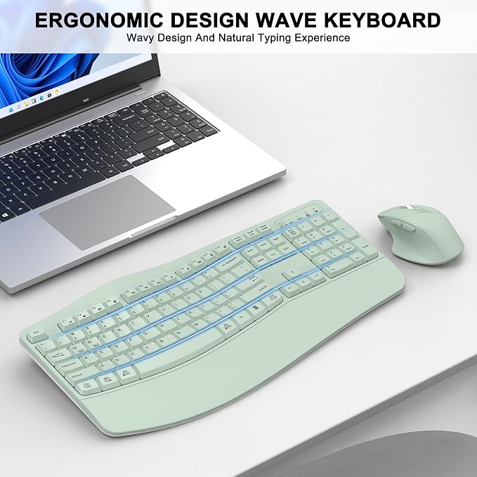 Wireless Keyboard and Mouse Combo, 2.4G Ergonomic Wave Key(Avocado Green) | Full Size Wave Keyboard with Wrist Rest, 3-Level DPI Adjustable Ergonomic Mouse for Windows and Mac OS Desktop/Laptop/PC