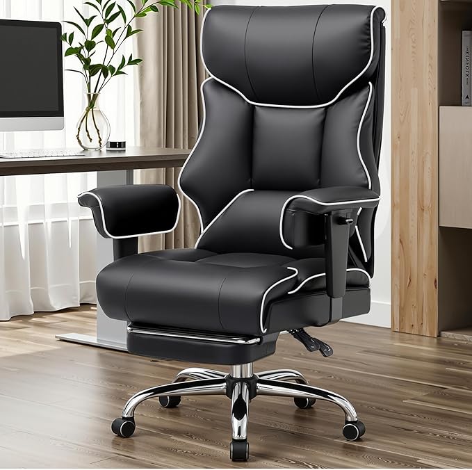GTPLAYER Big and Tall Gaming Chair 400lbs Heavy Duty Office Chair with Foot Rest & Ergonomic Pocket Spring Cushion, High Back Lumbar Support for Lower Back Pain Relief, White/Black