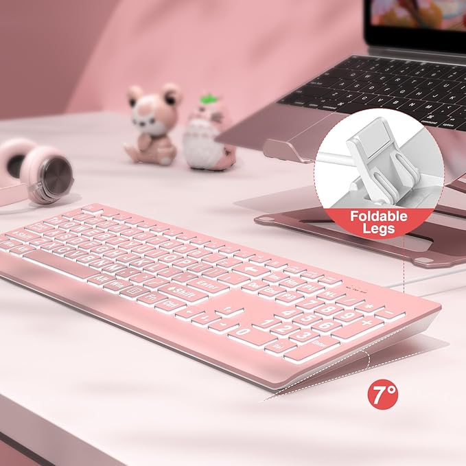 SABLUTE Large Print Backlit Keyboard, Wired USB Lighted Computer Keyboards with 7-Color & 4 Modes Backlit, Oversize Letters Keys Easy to See and Type, Quiet Keyboard Compatible for PC, Laptop -Pink