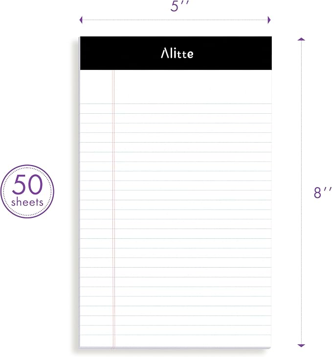Alitte Legal Notepads 5x8, Pack of 6 - Perforated Narrow Ruled Writing Pad - Premium Thick Paper, No Ink Bleeding - Blank Legal Pads For Home, Office, School, Business - 50 Sheets Per Notebook
