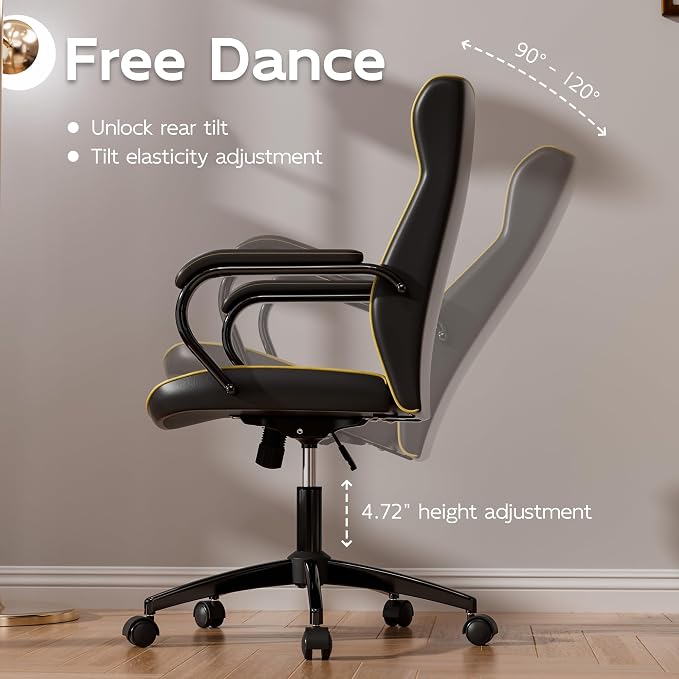Black Office Chair, Luxury Leather Executive Desk Chair | Elegant Timeless Appeal, Vintage Mid Back Styling with Wheels and Padded Arms, Thick High Density Foam Comfort