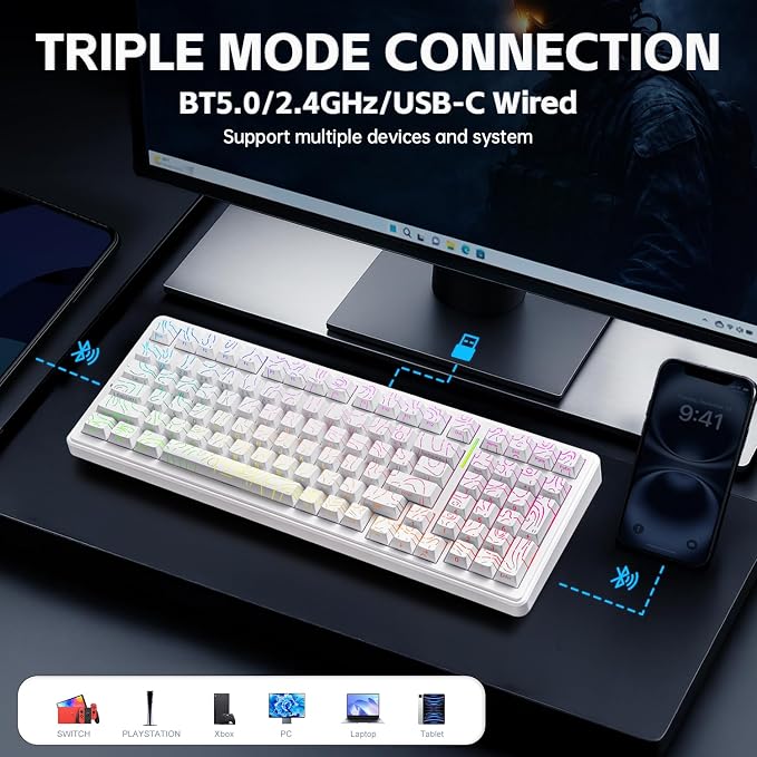 Aula F99 Creamy Keyboard Wireless Mechanical Custom Gaming Keyboards | 96% Computer Keyboard,Hot Swappable RGB Backlit Keyboards,Full Size Topographic Side-printed Keycaps,LEOBOG Switch