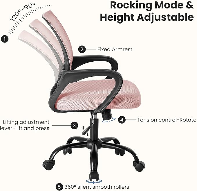 DUMOS Ergonomic Office Chair, Mid-Back Executive Desk Chair 2 Pack | Comfortable Lumbar Support, Breathable Backrest, Fixed Armrest, Height Adjustable, 360° Swivel, Computer Gaming, Pink