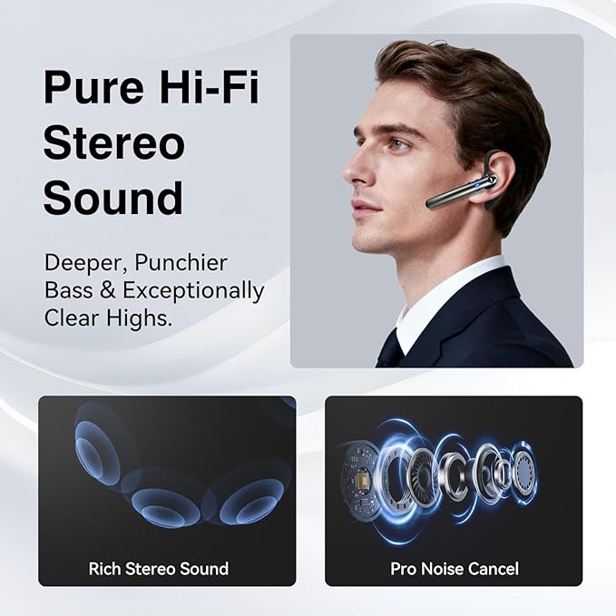 Bluetooth Headset, Wireless Bluetooth 5.4 Earpiece with 10Hrs Hands Free Talk Time, Single-Ear Headset with Noise Canceling Mic, Dual Pairing Headphones for Business/Office/Driving/Trucker/Android/iOS