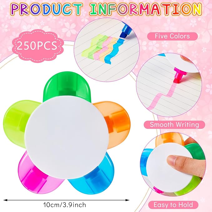 Outus 250 Pieces Petals Highlighters Assorted Colors 5 in 1, Back to School | Flower Shape Watercolor Fluorescent Pens, for Office School Stationery Aesthetic Supplies, 5 Colors