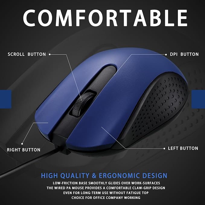 Hoteam 12 Pcs Wired Mouse Bulk, USB Ergonomic Computer Mice,Blue | Plug Play USB Cord, Textured Grip for Office Gaming, Desktop Laptop Compatible, Bulk Office School Business Supply