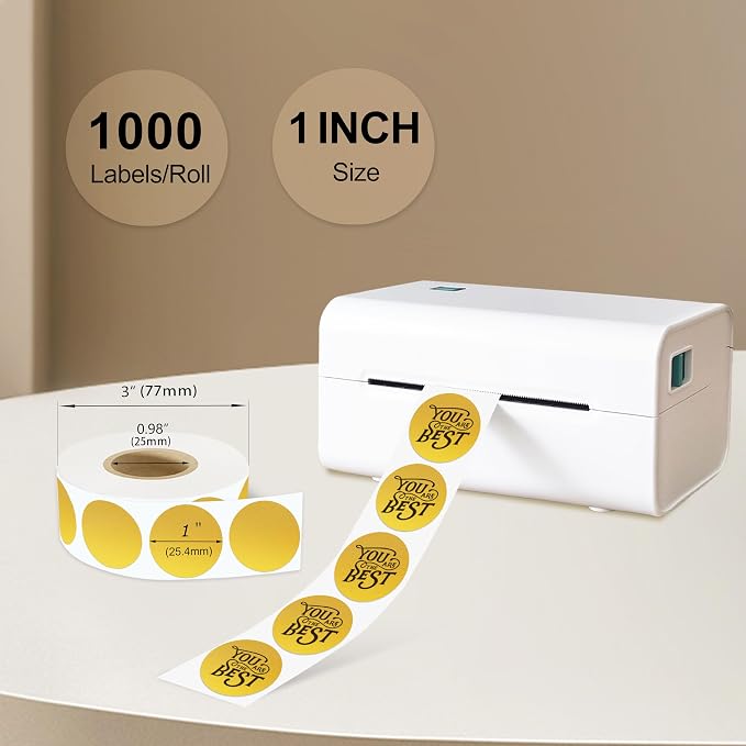 1 Inch Round Thermal Sticker Labels,Color Dot Stickers,Label Stickers,Waterproof,Oil Proof,for Thermal Printers,DIY,Office,Retail,Home and Warehouse Organization,1000 Pcs Gold