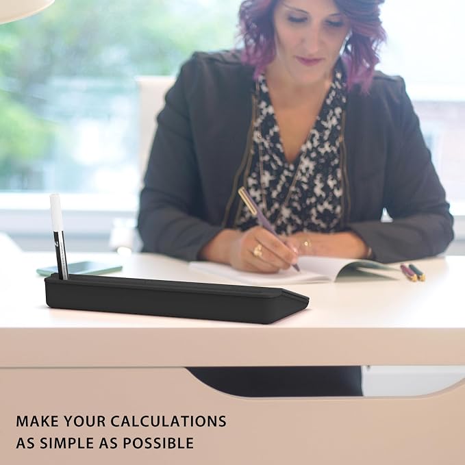 TOWON Glass Desk Whiteboard with Calculator 17x6 in, Desk Organizer, Black | Desktop whiteboard with 12-digit LCD calculator. Storage for office, home, school. Glass dry erase with accessories.