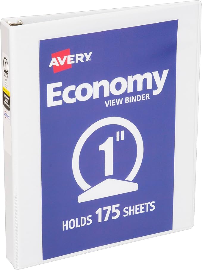 Avery Standard View 3 Ring Binder, 1" Round Rings, 175-Sheet Capacity, 1.4 Inch Wide Spine, 1 White Binder, Ideal for Lightweight Organization and Occasional Referencing (05760)