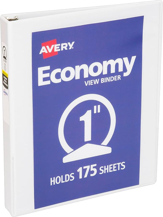Avery Standard View 3 Ring Binder, 1" Round Rings, 175-Sheet Capacity, 1.4 Inch Wide Spine, 1 White Binder, Ideal for Lightweight Organization and Occasional Referencing (05760)