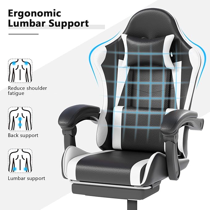 Gaming Chair with Headrest and Lumbar Support, Ergonomic High Back Office Chair, Racing Style Executive Computer Desk Chair, Leather Adjustable Swivel Task Chair for Home Office (White)