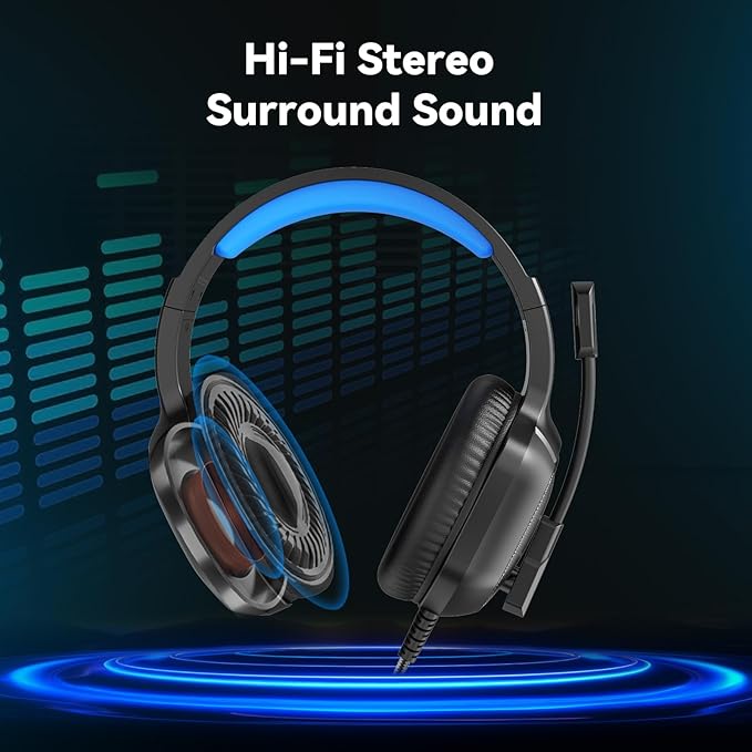 Gaming Headset with Microphone for Pc, Xbox One Series X/s, Ps4, Ps5, Switch, Stereo Wired Noise Cancelling Over-Ear Headphones with Mic, RGB, for Computer, Laptop, Mac, Nintendo (Blue)