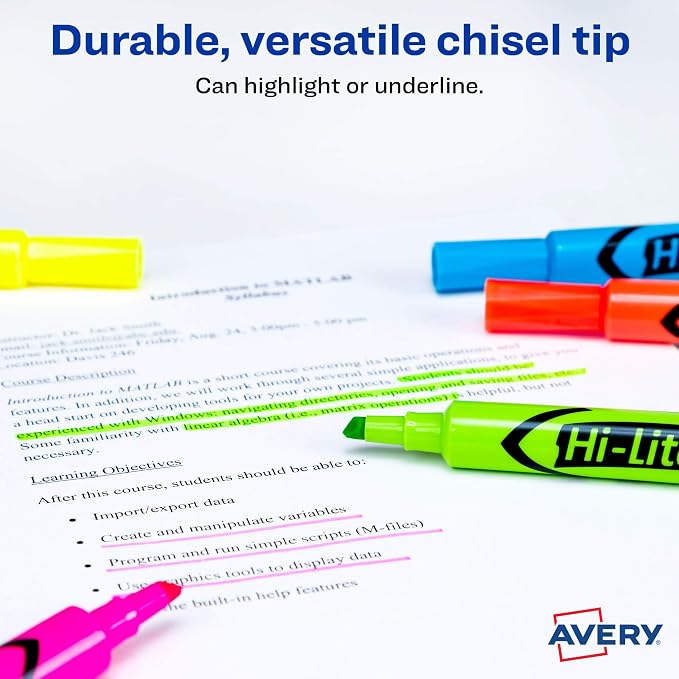 Avery Hi-Liter Desk-Style Highlighters, Chisel Tip, 12 Highlighters, Assorted Colors, 2 Packs (25601)