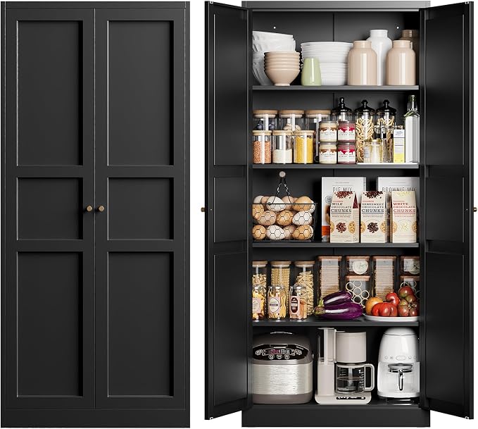 Metal Storage Cabinet with 2 Doors and 4 Adjustable Shelves - 71" Black Kitchen Pantry Storage Cabinet, 4-Tier Tall Steel Cabinet Locker for Kitchen, Living Room, Dining Room