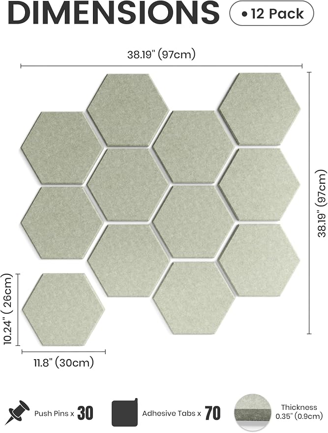 Fluxynara 12-Pack Hexagon Felt Bulletin Board Tiles, Sage | Cork Board Alternative with 60 Adhesive Tabs for Notes, Photos and Reminders in Home Offices, Dorm and Classrooms
