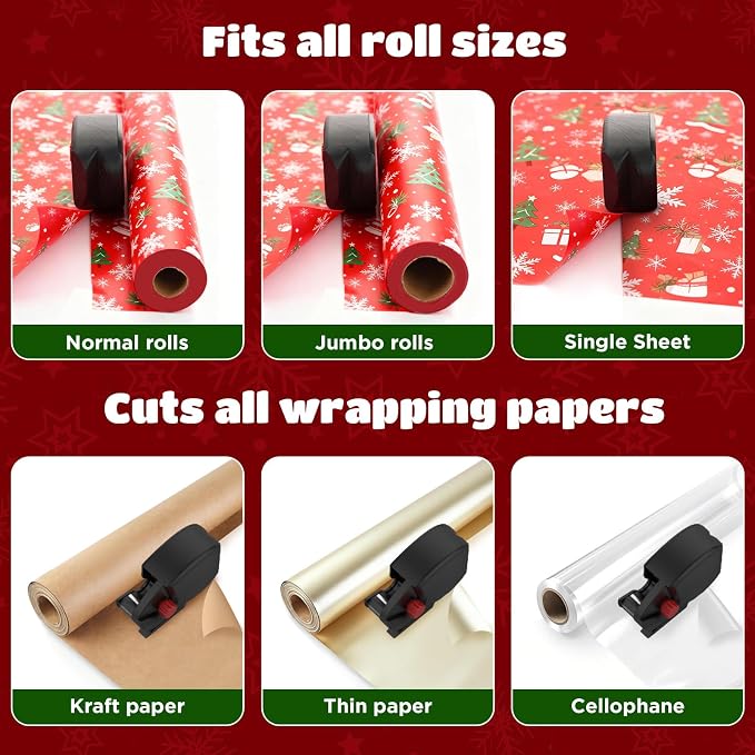 2-Pack Wrapping Paper Cutter and Tape Dispenser with 5 Tapes & 12 Blades - Fast & Safe Straight Line Cutting Tool for Gift Wrapping, Fits All Wrapping Paper Rolls (Black+Red)