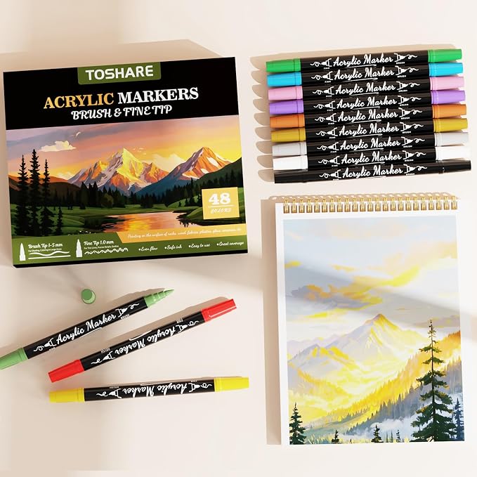 48 Colors Precision Dual Tip Acrylic Paint Markers Pens - Brush & Fine | Performs on Rock, Wood, Paper, Fabric, Egg, Scrapbook, Glass, Ceramic, Canvas, DIY Crafts Art Gift - School Supplies