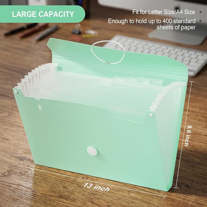 Comix Accordion File Organizer, 13 Pocket, Green | Expanding File Folder, A7/Letter Size Documents, Includes Labels, For Office, Home, School