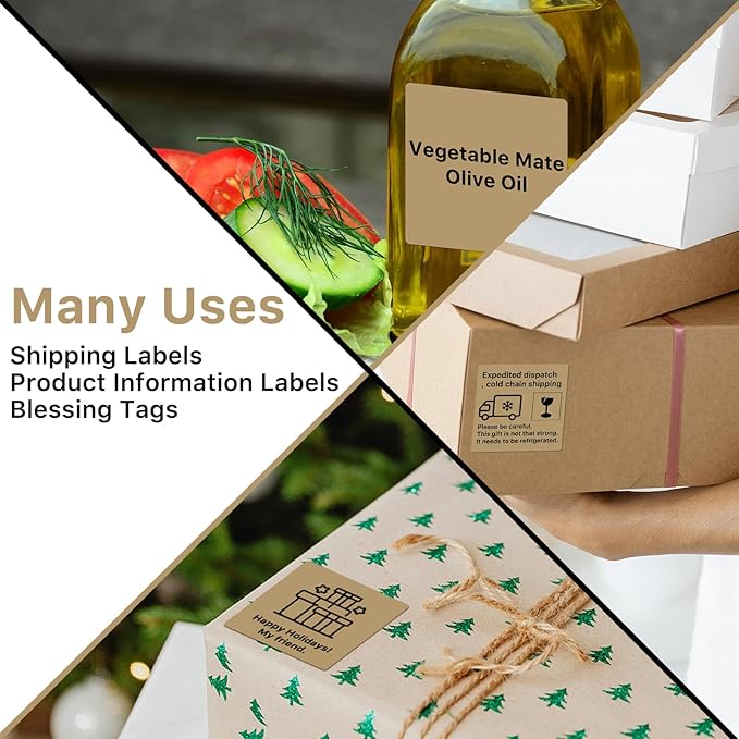 Square Thermal Label Sticker, 2"x2" Self-Adhesive Square Direct Thermal Label Stickers Brown, 500 Sheets/Roll
