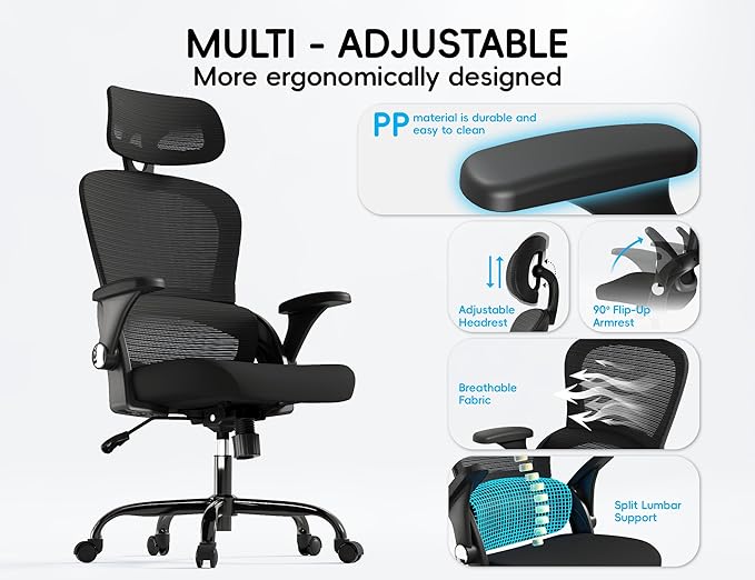 TRALT Office Chair - Ergonomic Desk Chair with Headrest Support for Adults | Home Office Desk Chair with Lumbar Support - Ergonomic Mesh Chairs 330 lb Wide Seat with Headrest, Comfy Desk Chair(Black)