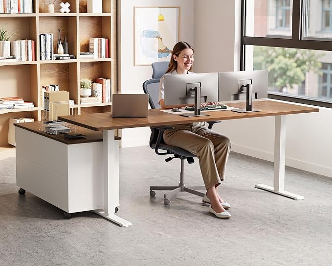 63" L Shaped Electric Standing Desk with Cabinet Sets, Walnut/White | Mobile Drawers & File Cabinet Sets for Flexible Layout, Height Adjustable Executive Stand Up Desk for Home Office Workstation