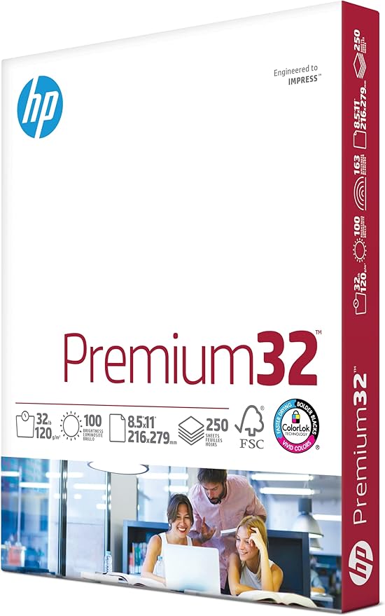 HP Printer Paper |8.5x11 Paper | Premium 32 lb | 1 Ream - 250 Sheets | 100 Bright | Made in USA – FSC Certified | 113500R