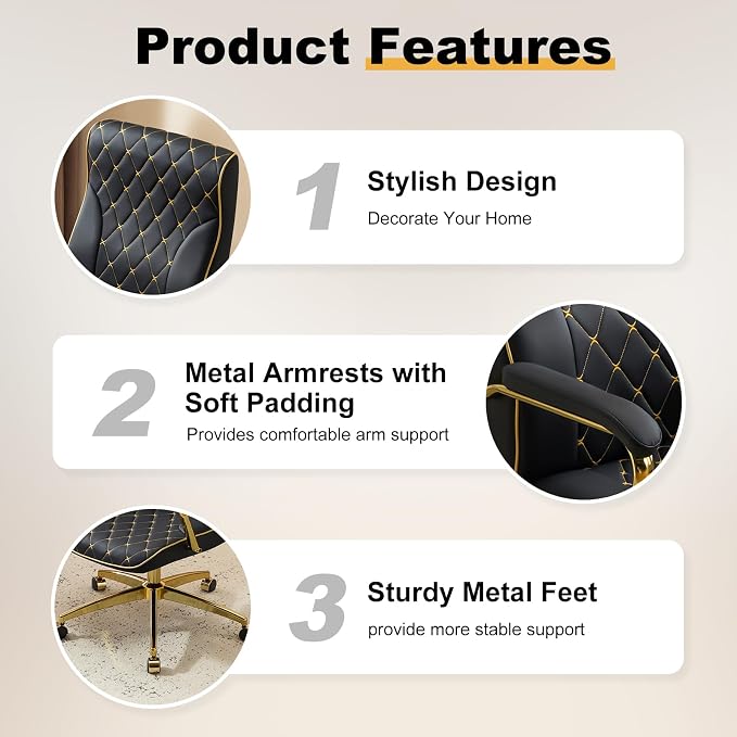Black and Gold Office Chair, Leather Office Chairs, Adjustable Vanity Chair with Golden Legs and Padded Armrest, Modern Upholstered Computer Chair with Wheels,Black
