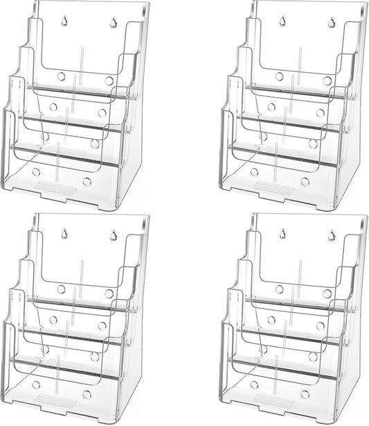 MaxGear Acrylic Brochure Holder 8.5 x 11 inch, 4 Tier Clear Literature Organizer Magazine Stand Display with Removable Divider for 4 x 9 inch Brochures, Pamphlet, Wall Mount or Countertop, 4 Pack