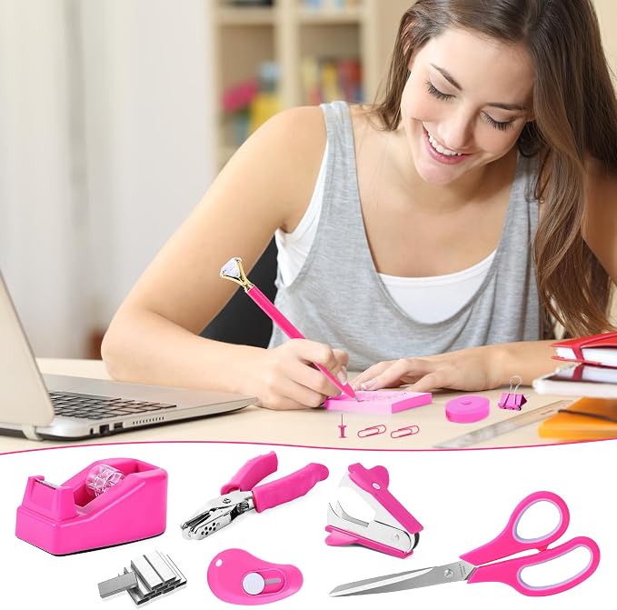Hot Pink Desk Accessory Kit Cute Office Supplies Set Desktop Stapler Set Includes Staple Remover Hole Punch Tape Dispenser Ballpoint Pen Scissor Mini Box Cutter Tape Measure Paper Clips Sticky Notes