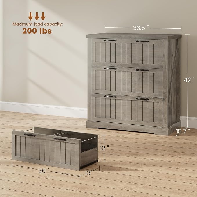 SEDETA File Cabinet for Home Office, Farmhouse 3 Drawer Filing Cabinet, Wood Office File Cabinets for Letter/Legal/A4 Size, Lateral File Cabinets with Printer Stand, Grey
