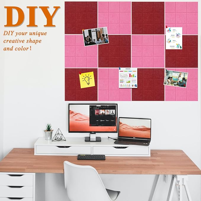 Large Square Felt Cork Board Tiles, Self Adhesive DIY Felt Bulletin Board Pin Board with 35 Pushpins for Office School Home Wall Decor Stickers Memos Photos Display (Red & Pink)