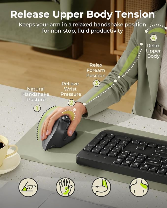 seenda MOU-302 Wireless Bluetooth Ergonomic Vertical Mouse with Volume Knob | Rechargeable 3-device mice for small/medium hands with quiet clicks, 1000/1600/2400 DPI for PC, laptop, MacBook, Black