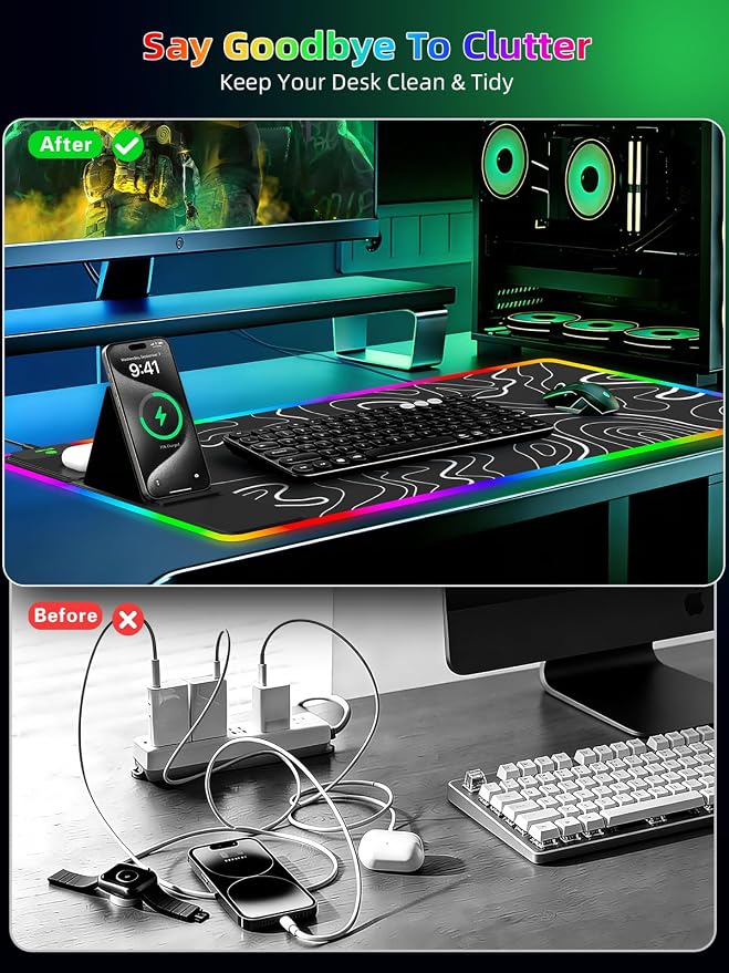 Mouse Pad with Foldable Phone Holder & Wireless Charger, XXL RGB Gaming Mousepad 31.5"x15.8" Large Desk Mat for Keyboard, 11 Colors 5 Modes