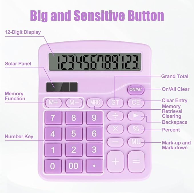 Desktop Calculator, Purple Calculator Big Buttons, 12-Digits | Large LCD Display, Solar and AA Battery Dual Power, Desk Calculators for Office Home School Business Class (Purple)
