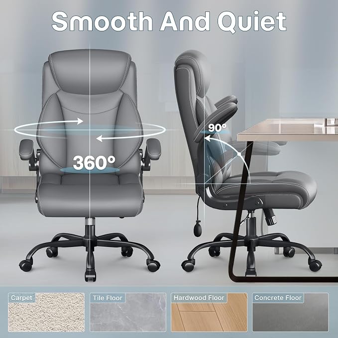 Ergonomic Office Chair, Big and Tall Office Chair, Executive Chair- Padded Leather Comfy Chair with Adjustable Lumbar Support & Flip-Up Arms, Rocking Swivel Chair for Home Office,Gray