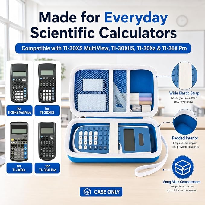 Blue Calculator Case for TI-30XS/TI-30XIIS/TI-30Xa/TI-36X Pro | Hard EVA Shell, Two-Layer Mesh Pockets, Elastic Holder, Wrist Strap, 8.27x 3.94 x 2.36 in, School Exam Carry