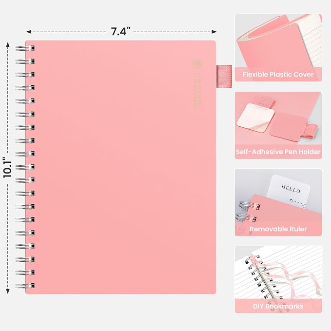 EMSHOI Lined Spiral Journal Notebook, 300 Pages, B5 Size (7.4'' x 10.1'') | College Ruled, 100 GSM Thick Paper, Flexible Plastic Cover, for School, Writing, Work, Office & Journaling (Pink)