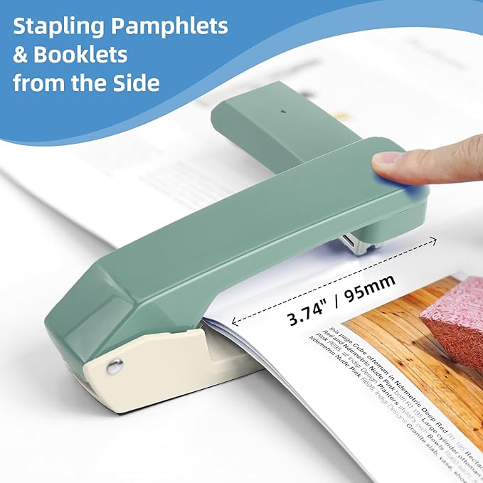 Deli/EZWORK Swing-Arm Swivel Stapler, 25 Sheets Capacity, 360 Degree Rotate Desk Staplers with 1000 Staples for Booklet or Book Binding, Green+White