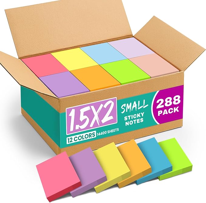 Taja 288 Pads Sticky Notes, 1.5"x2" Inches Mini Sticky Notes Pads, Bright | Bulk Small Sticky Notes for Quick Reminders and Color Coding, Mini Sticky Notes for Office, School and Home Organization