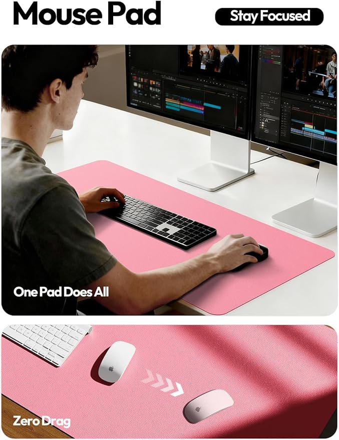 YSAGi Leather Desk Pad Protector, Office Desk Mat, Large Mouse Pad, Non-Slip PU Leather Desk Blotter, Laptop Desk Pad, Waterproof Desk Writing Pad for Office and Home (Pink, 47" x 17")